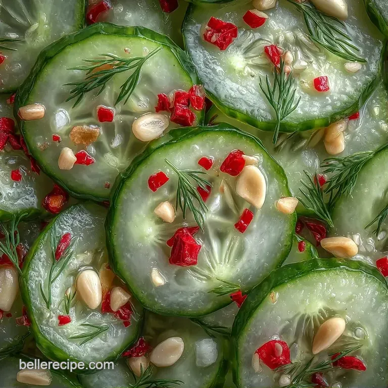 Translucent green cucumber slices arranged on a white platter with scattered peppercorns and fresh dill sprigs.