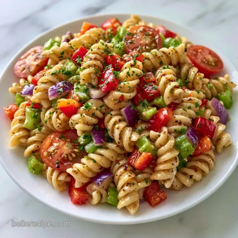 Chilled pasta spirals tossed in a velvety white sauce with crisp garden vegetables served in a ceramic bowl.