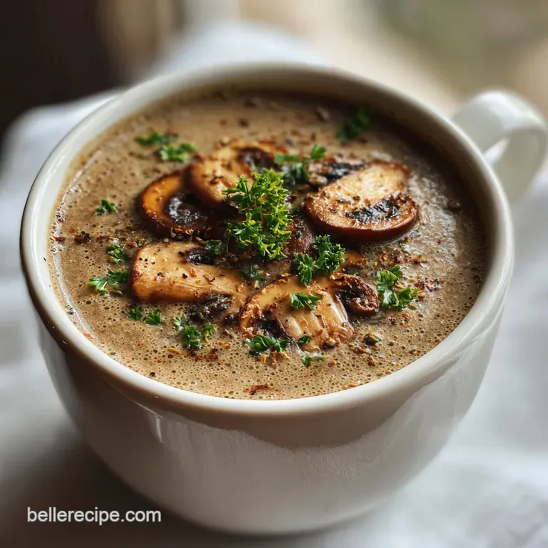 Elegant bowl of earthy mushroom soup, garnished with vibrant chives and a swirl of cream. Soft lighting accentuates the si...