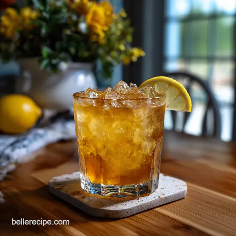 Elegant rocks glass with a single large ice sphere. The drink's rich amber color contrasts with the dark wood of the bar top.