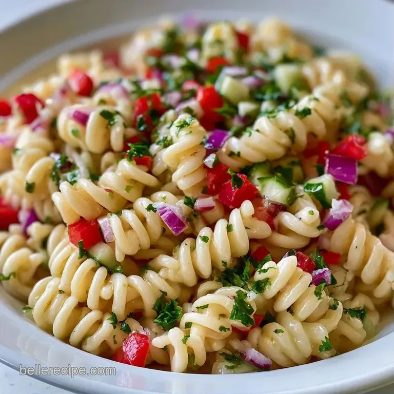 Chilled pasta tossed with crisp vegetables in a white ceramic bowl, topped with a fresh sprig of green parsley.