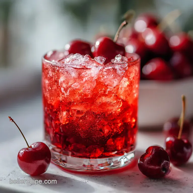 Tall glass filled with a bubbly crimson cocktail. Garnished with two bright red cherries and a contrasting yellow lemon sl...