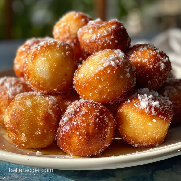 Neat row of baked donut holes glazed with caramel, topped with flaky sea salt on a white plate. Glossy, tempting, and fresh.