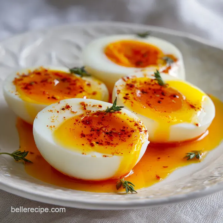 A halved, perfectly marinated egg with a vibrant orange yolk, nestled on a bed of rice, showcasing its rich color and text...