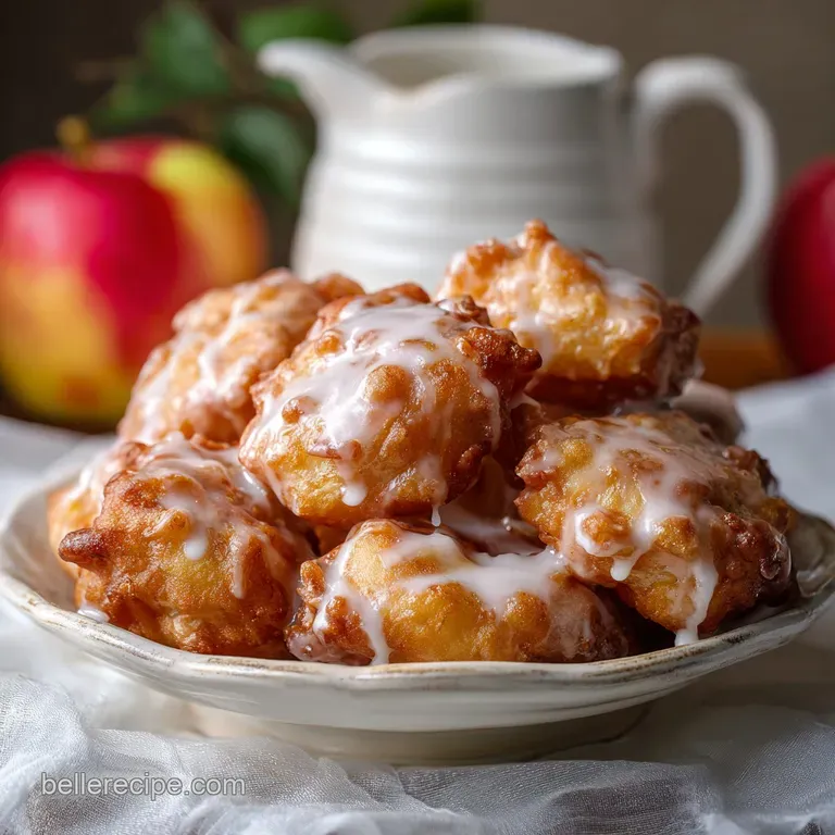 Stack of warm apple fritters drizzled with creamy glaze on a white plate. Cinnamon dusting. Steaming hot and ready to serve.