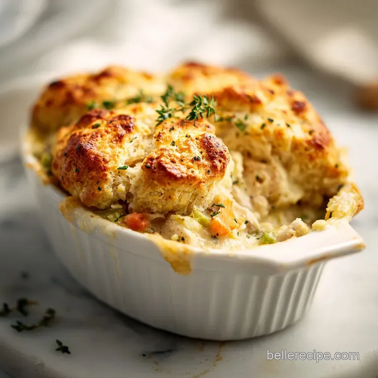 A generous portion of chicken cobbler with a crisp, golden crust, artfully arranged on a white plate.