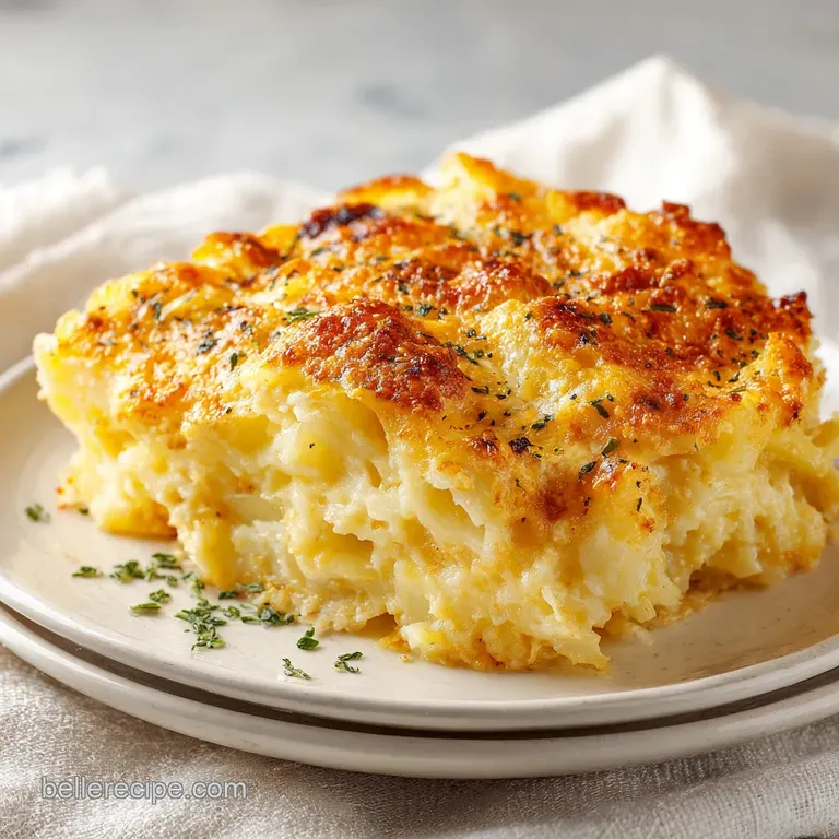 A square scoop of creamy potato bake topped with melted cheese and fresh parsley on a minimalist white ceramic plate.
