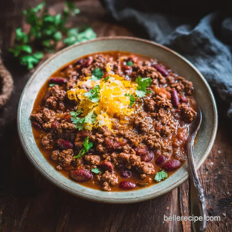 A deep bowl of steaming chili, garnished with a dollop of sour cream, vibrant green scallions, and a sprinkle of spicy chi...