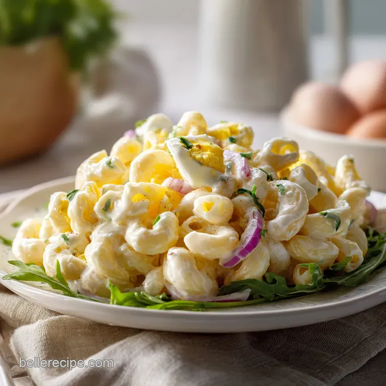 A perfectly portioned scoop of chilled macaroni salad, topped with fresh parsley, elegantly presented on a white plate.