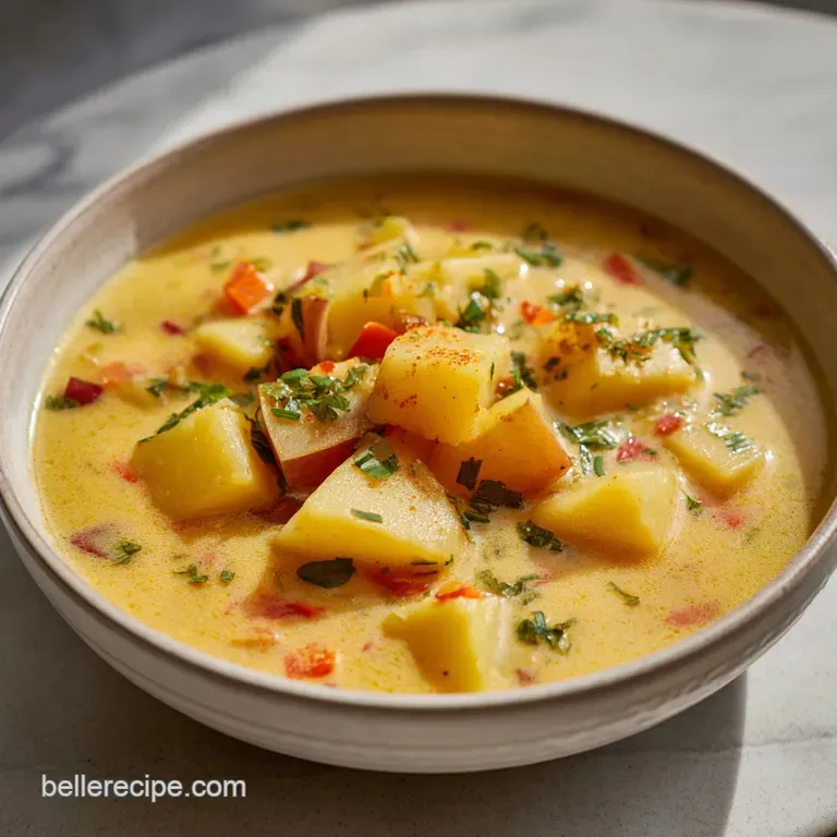 A rustic bowl of thick potato soup with a dollop of sour cream and chives, garnished with croutons.