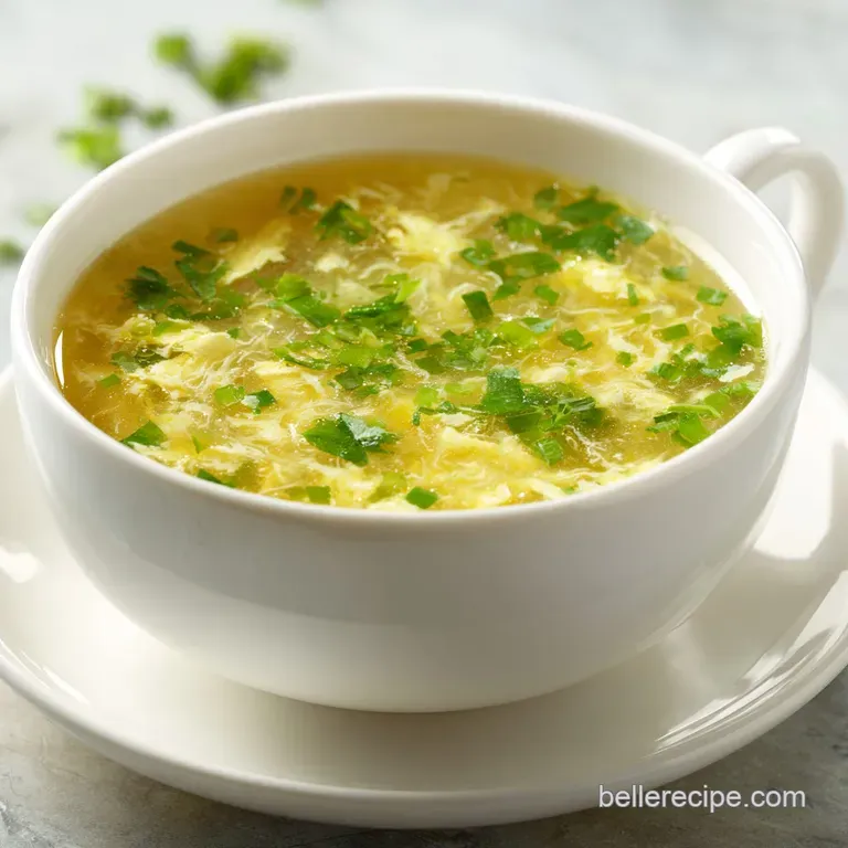 Steaming bowl of golden egg drop soup with a scattering of fresh scallions, served on a dark, glossy surface. Inviting war...