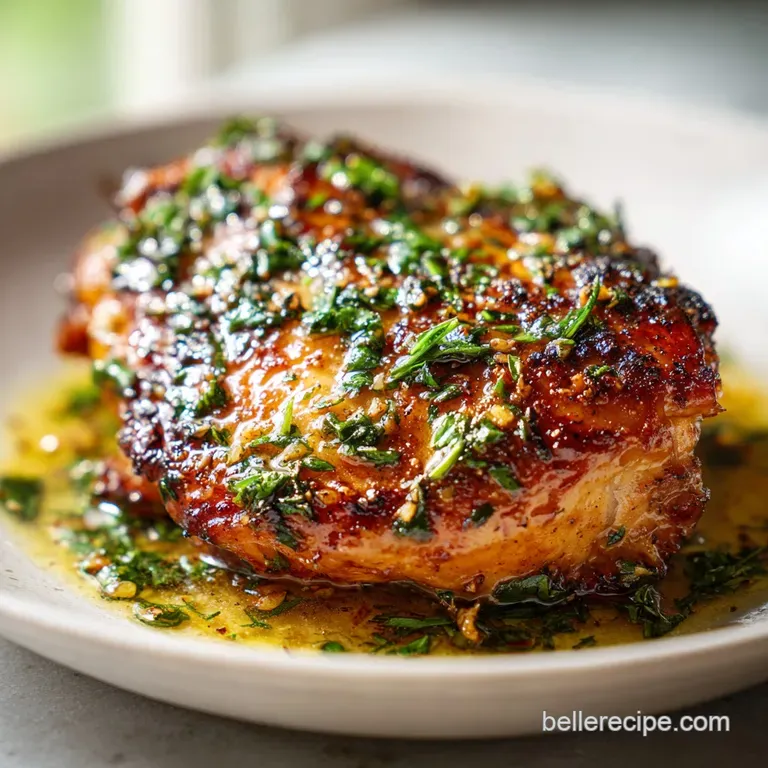 Perfectly arranged herbed chicken on a white plate, with sprigs of thyme and a drizzle of golden oil. Warm and inviting.