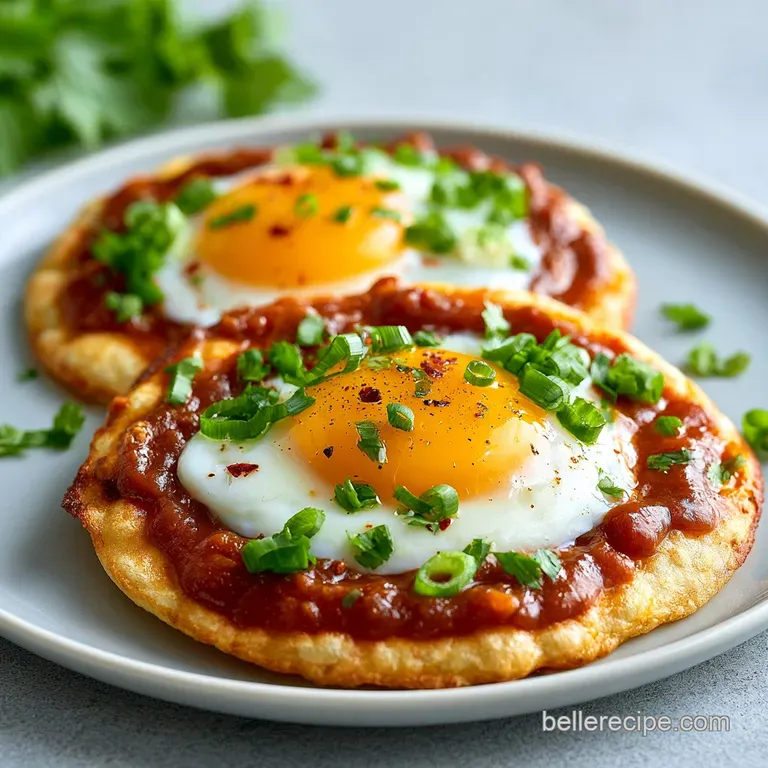 A colorful plate of fried eggs and red sauce, served with black beans, sliced avocado, and a sprinkle of white cheese.