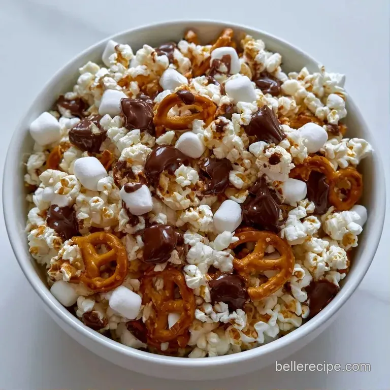 A wide ceramic bowl overflowing with fluffy white popcorn, drizzled in butter and tossed with sweet chocolate bits.