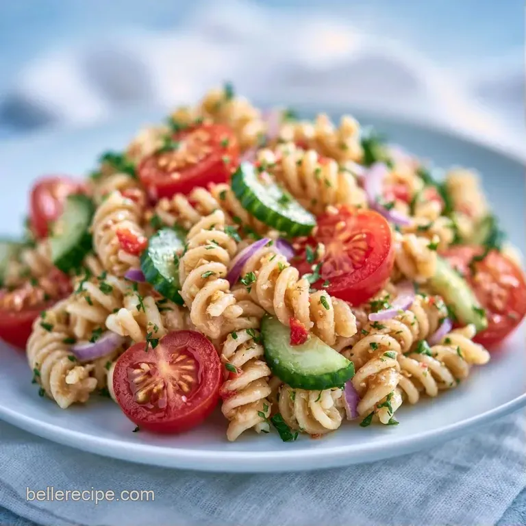 A large white ceramic bowl filled with vibrant pasta, bright red tomatoes, and green herbs on a rustic wooden table.