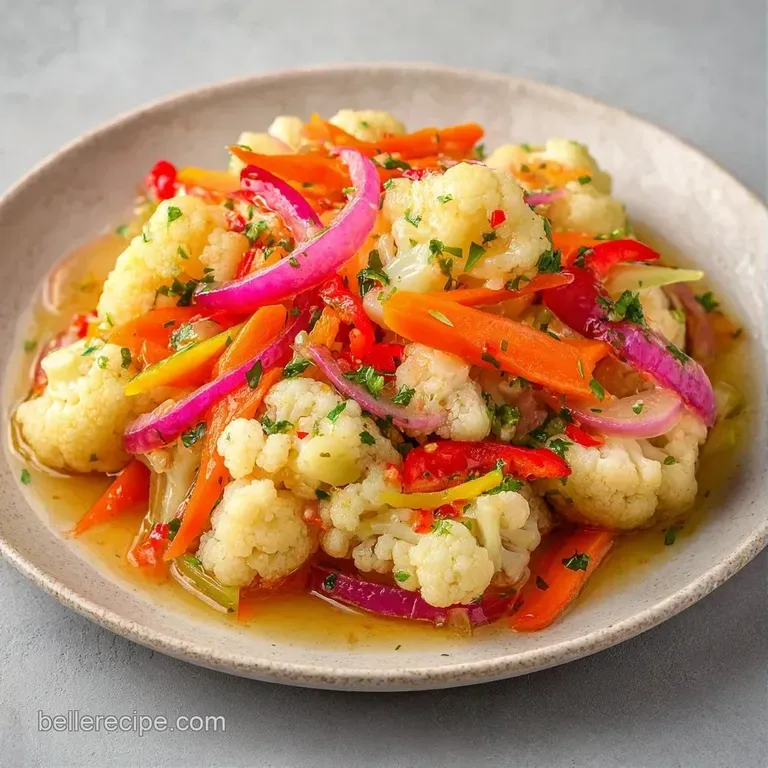 Brightly colored pickled vegetables arranged on a white ceramic plate, garnished with a fresh sprig of dill.
