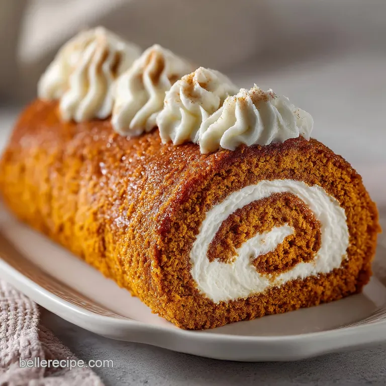 Slices of pumpkin roll with delicate cream filling, resting on a plate; inviting autumn dessert with festive, comforting f...