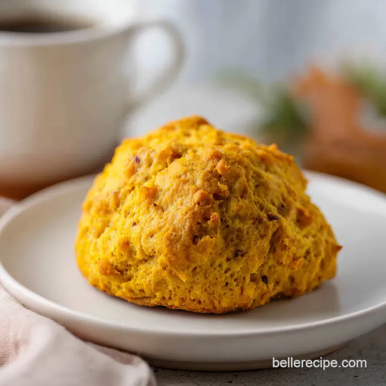 Buttery pumpkin scone halves arranged on a white plate, dolloped with whipped cream, hinting at a delightful, comforting i...