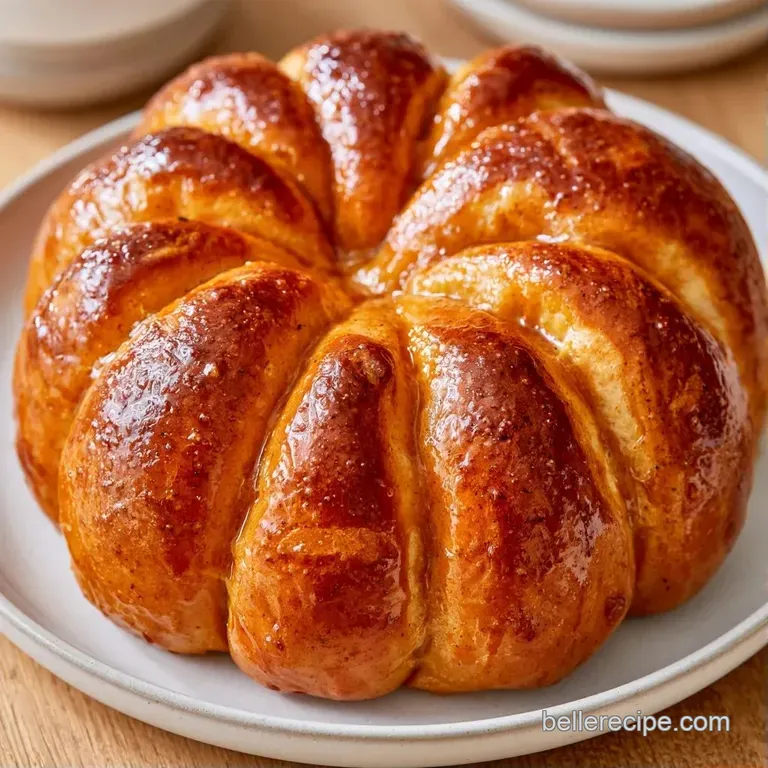 Warm, golden-brown ribbed bread on a white platter, accented by orange autumn leaves and a light sugar dusting.