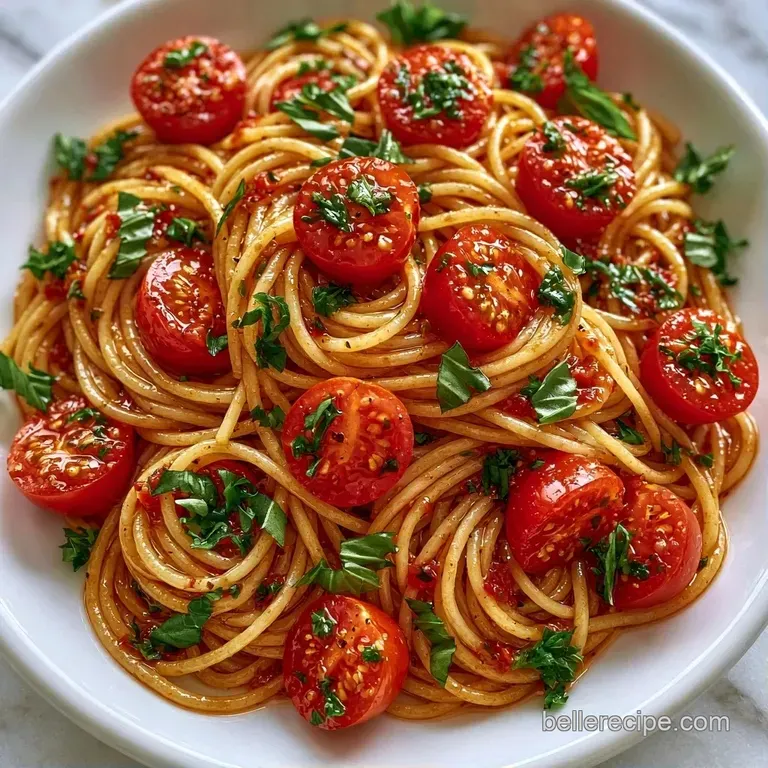 A swirl of pasta coated in rich tomato sauce on a white plate with a sprig of basil and a drizzle of olive oil.