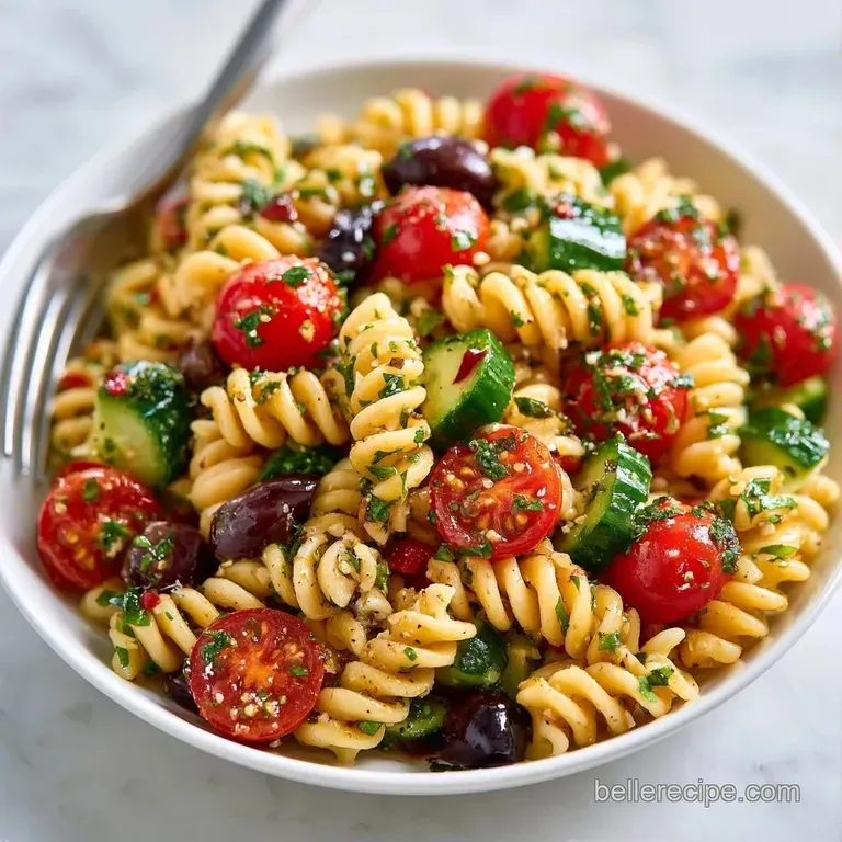 Vibrant pasta salad served in a white ceramic bowl with sliced olives and crisp red onions on a light linen tablecloth.