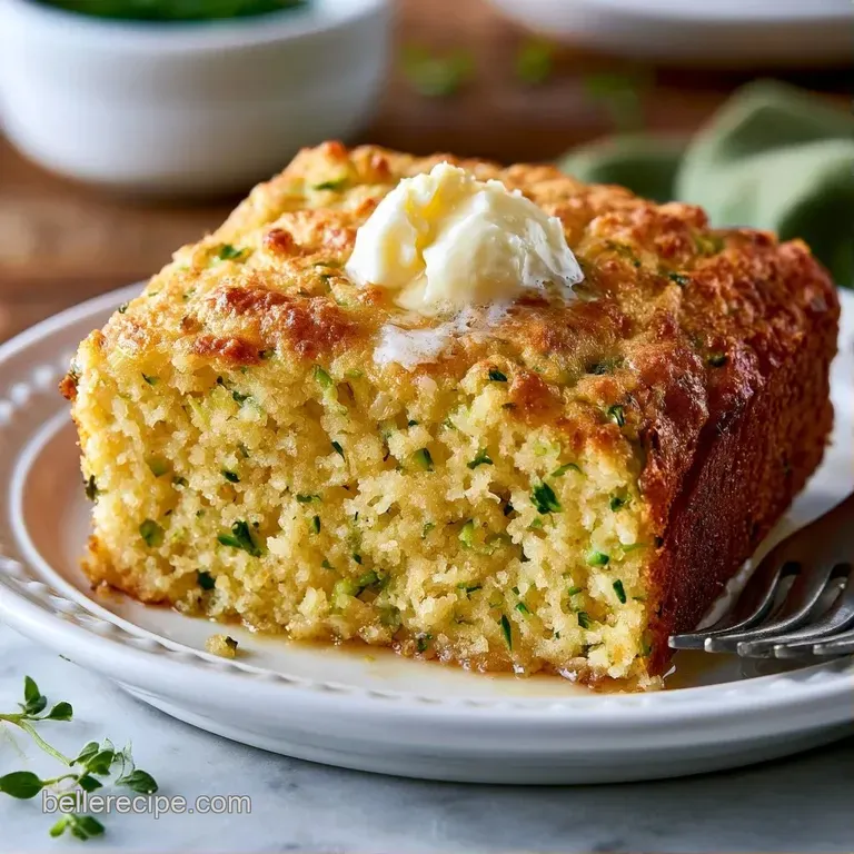 A thick slice of golden cornbread on a rustic white plate, topped with melting butter and a sprig of fresh parsley.