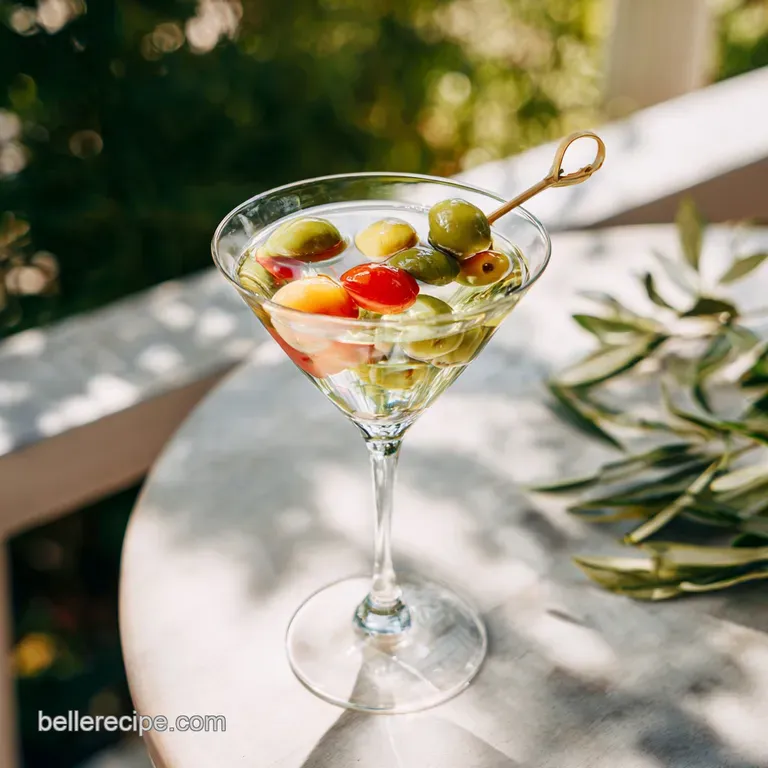 Elegant martini glass with a crisp olive garnish, condensation on the chilled glass, presented on a dark surface.
