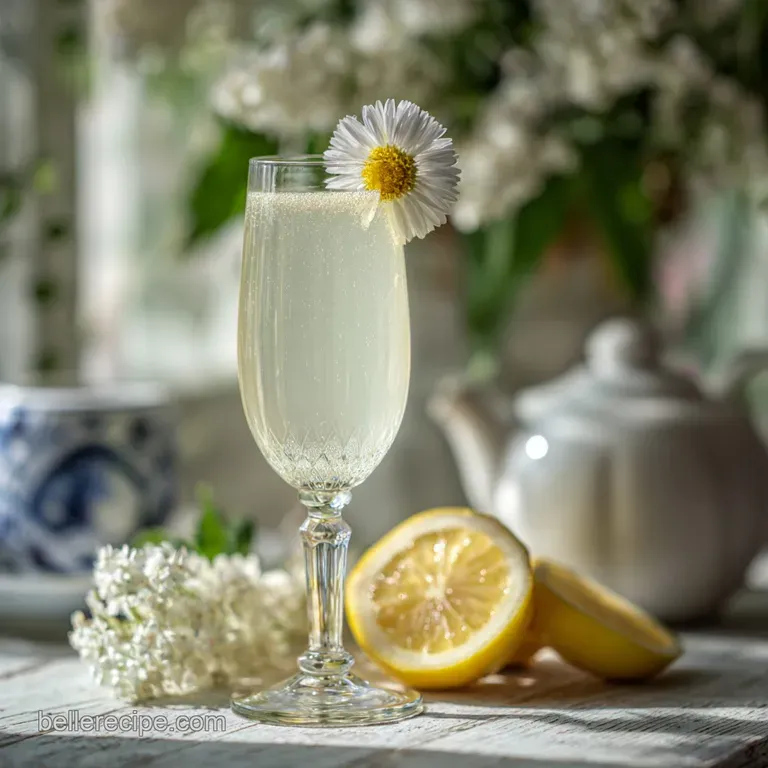 Elegant French 76 cocktail served in a flute, lemon twist gracefully draped. Condensation glistens on the cool glass, invi...
