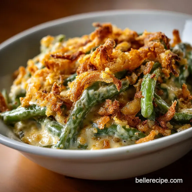 A serving spoon scoops a creamy portion of green bean casserole, showing its rich, baked texture and onion topping.