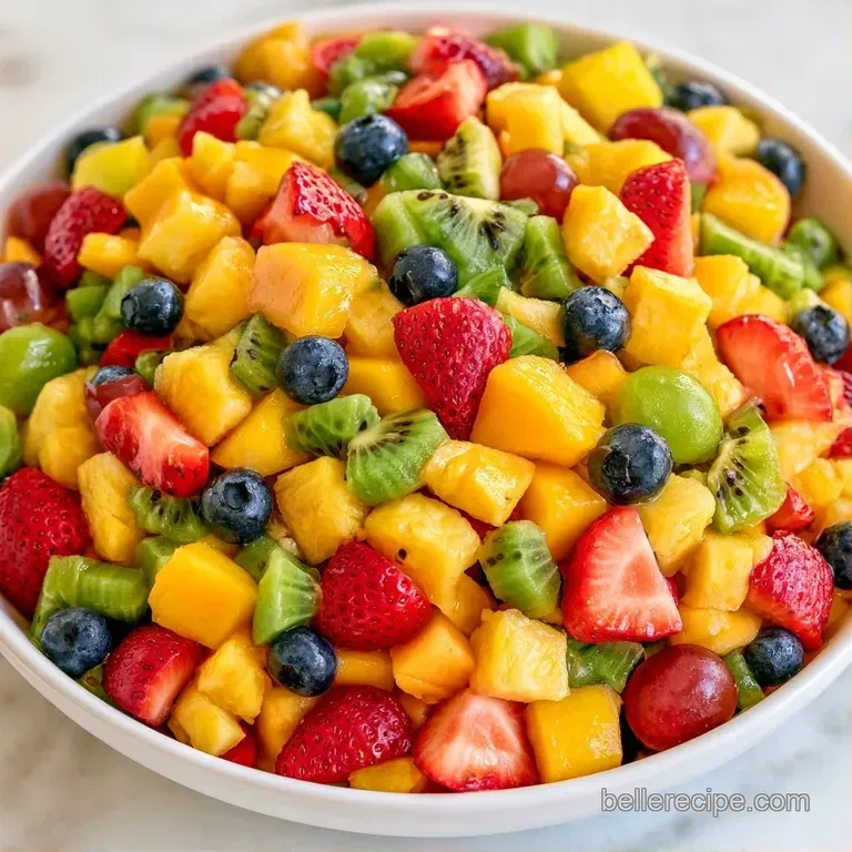 Brightly colored fruit chunks glistening under light, served in a sleek glass bowl with a touch of fresh mint.
