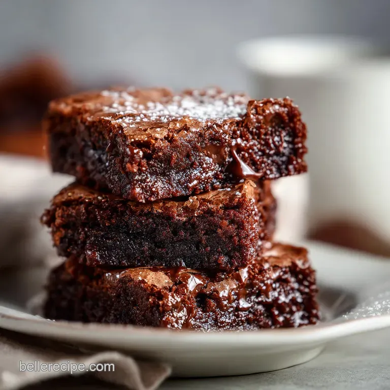 A stack of chewy browkies, revealing layers of fudgy brownie and crispy cookie, dusted with powdered sugar on a white plate.