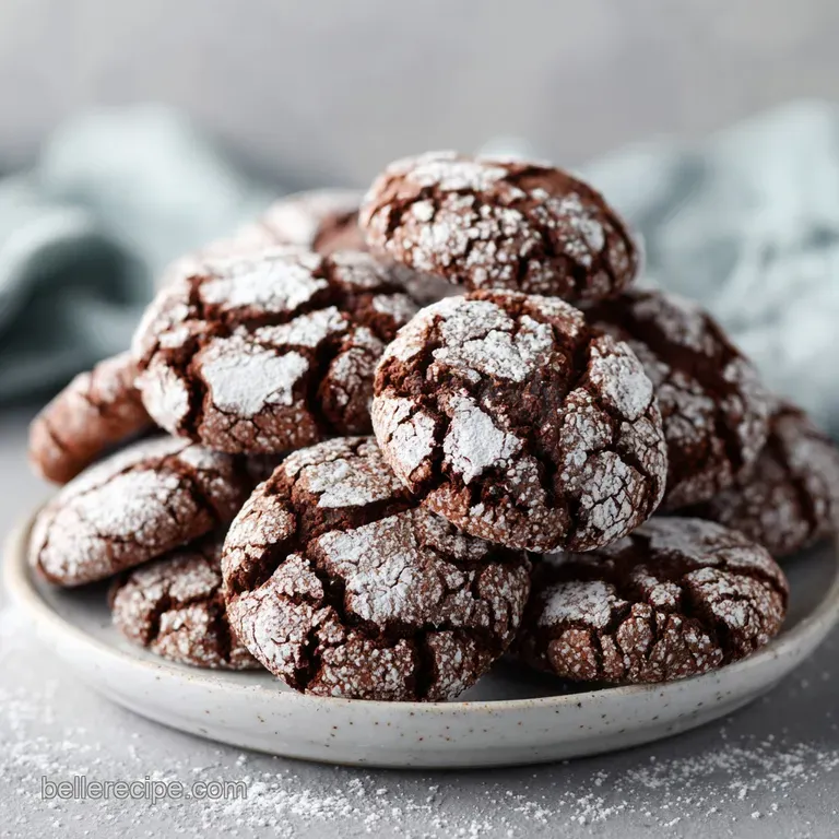 Three chocolate crinkle cookies arranged on a white plate, showing their slightly soft centers and crisp, sugared exterior...