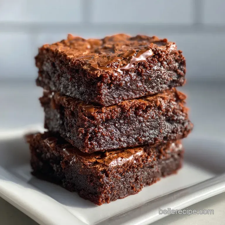 Elegant brownie square on a white plate, dusted with cocoa powder and garnished with fresh raspberries and mint sprig.