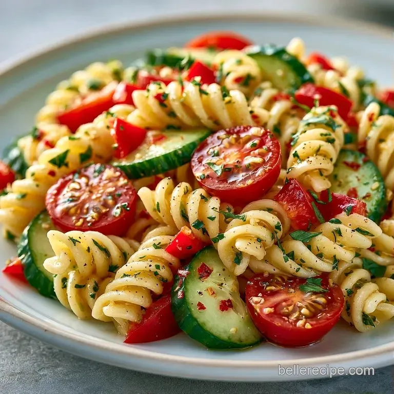Vibrant pasta tossed with diced bell peppers and red onion served in a white ceramic bowl with a sprig of parsley.