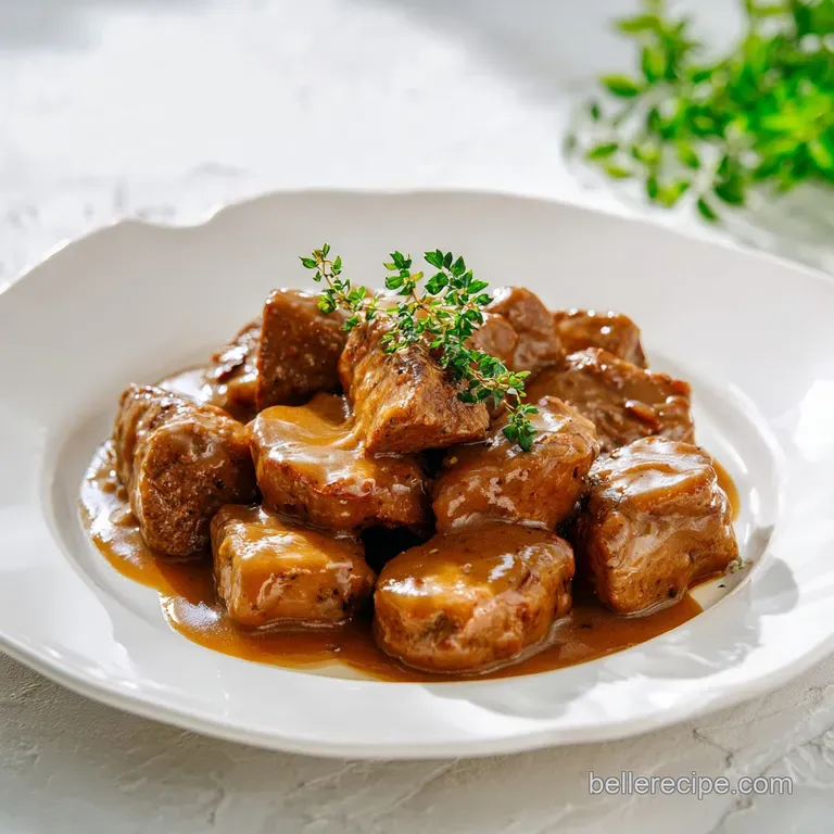 Seared beef medallions covered in a velvet brown sauce on a white ceramic plate with a sprig of fresh herbs.