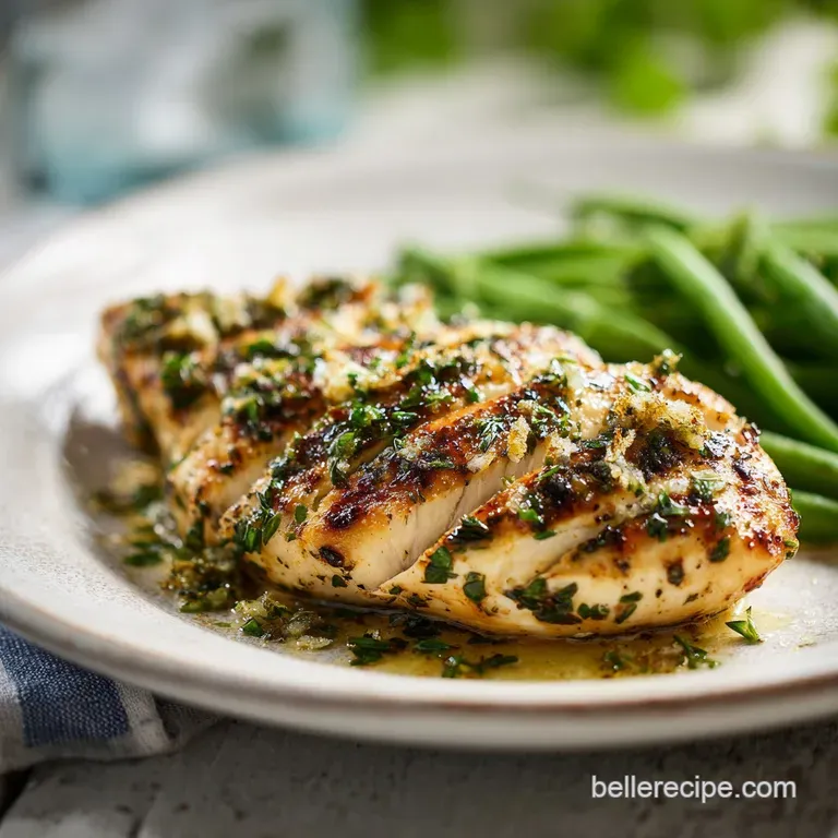 Perfectly seared chicken breast plated with bright green herbs. A light, glistening sauce pools on the plate, enticing you...
