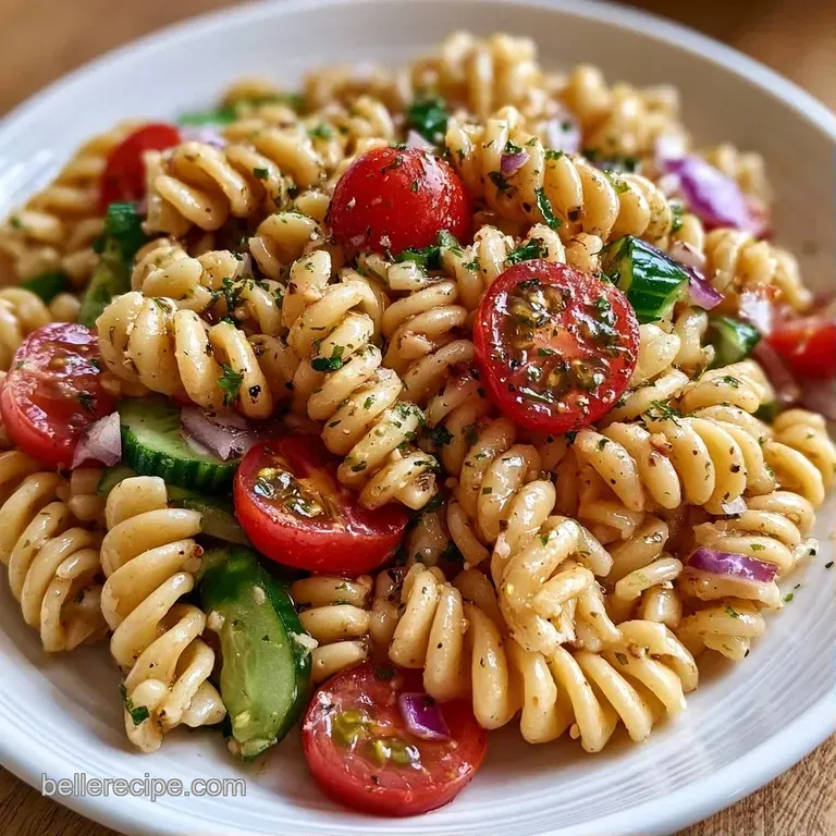 Elegant white platter of tossed pasta with halved cherry tomatoes, crumbled feta, and a fresh basil garnish.