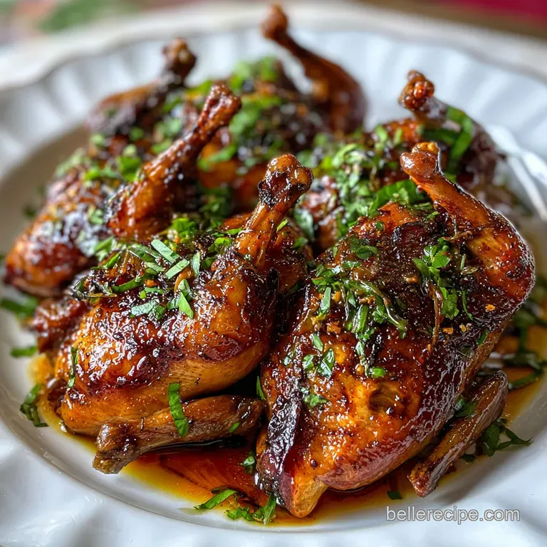 Plated quail, herbs, and garlic confit. Succulent, browned skin against vibrant, leafy greens. Restaurant-worthy presentat...