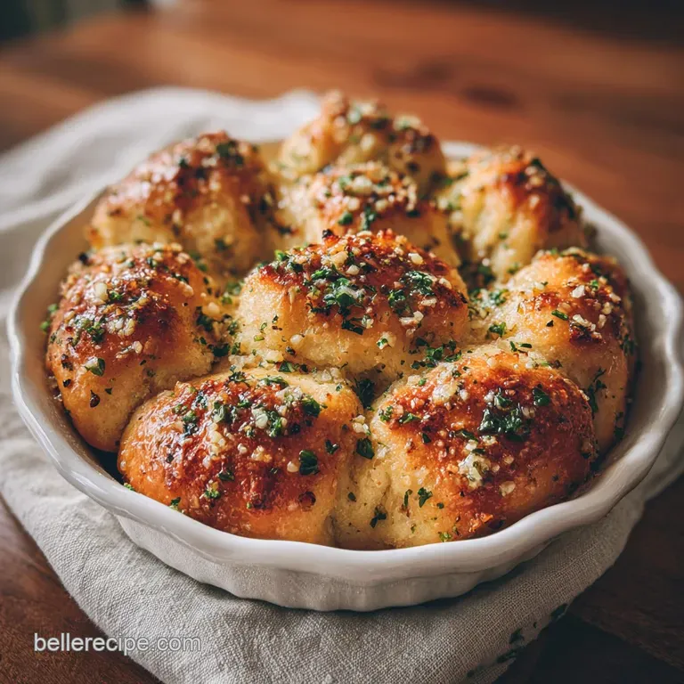 A small plate holds three warm garlic knots, brushed with browned butter and flecked with herbs, ready to be enjoyed with ...