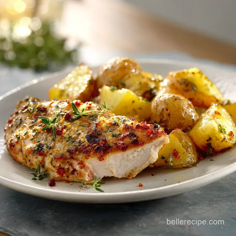 Tender baked chicken and creamy potatoes, artfully plated and garnished with vibrant parsley sprigs. The perfect comfortin...