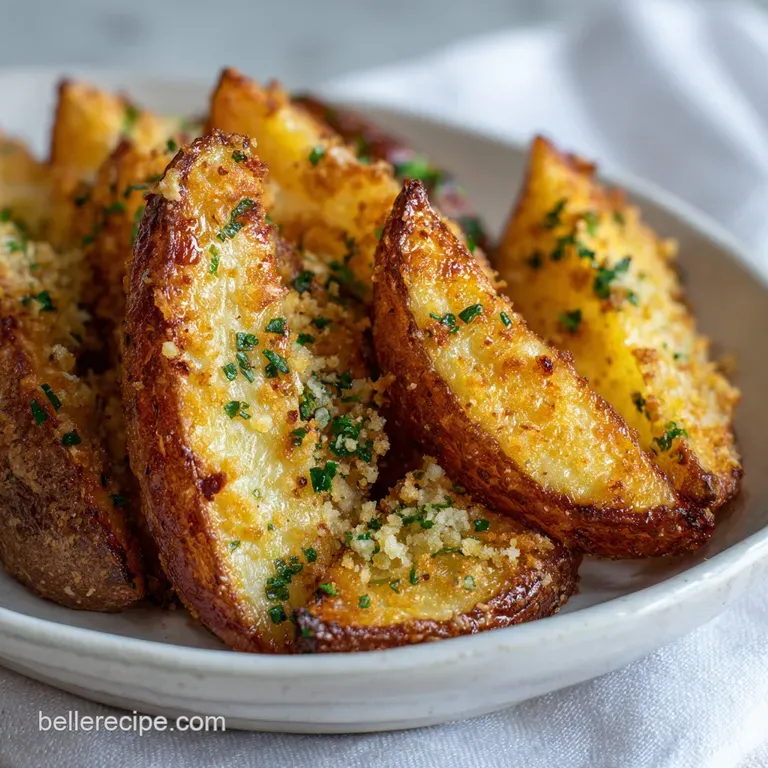 Perfectly arranged garlic parmesan potato wedges on a white plate, showcasing the golden crust and fluffy interior, garnis...