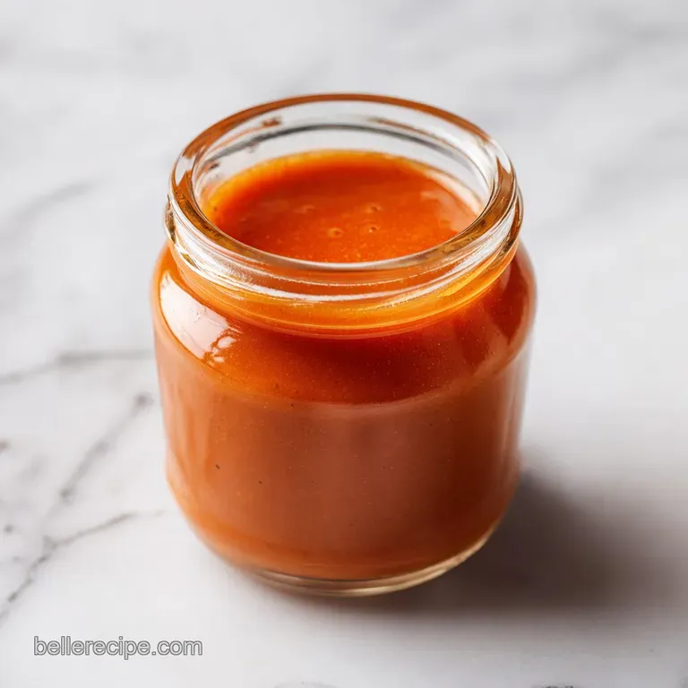 A sleek glass bottle of bright orange sauce next to fresh ghost peppers and garlic cloves on a white surface.