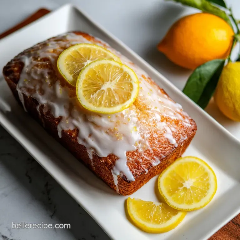 A slice of moist lemon loaf, drizzled with tangy glaze, atop a white plate with fresh mint.