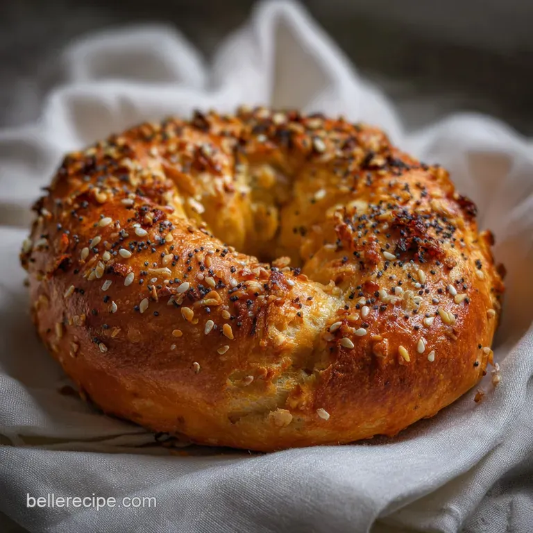 Perfectly sliced bagel, lightly toasted, with creamy, glistening cream cheese and a sprinkle of herbs on a white plate.