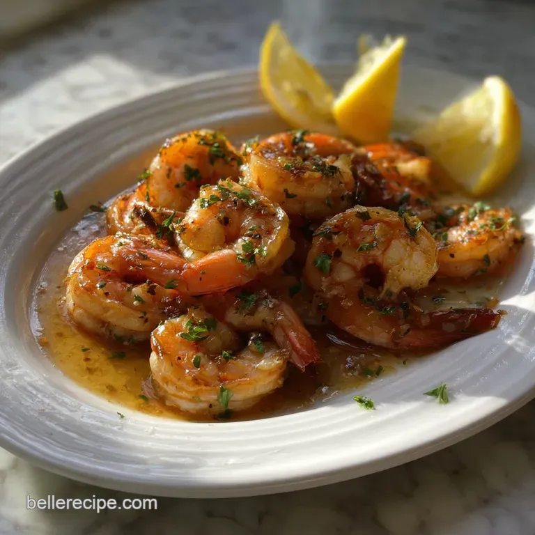 Elegant white plate showcasing perfectly seared shrimp, lemon slices, and a sprinkle of herbs. A light, airy presentation,...