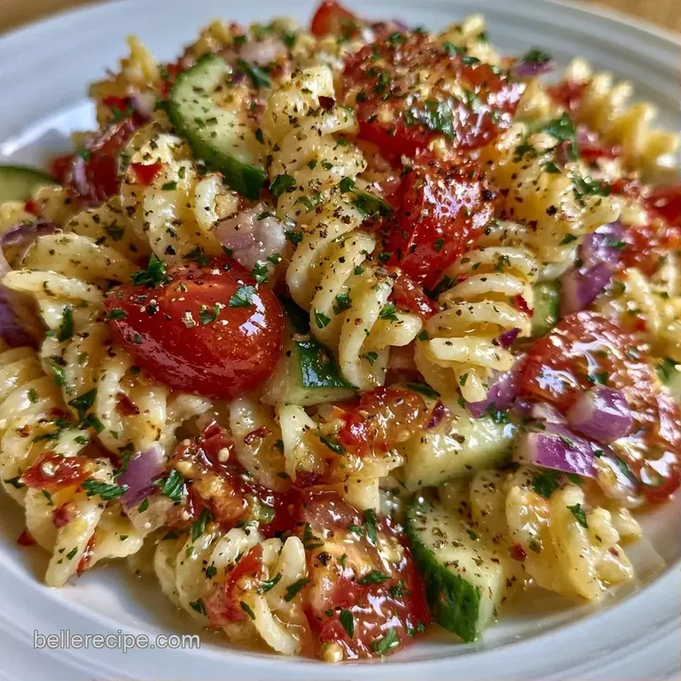 Chilled pasta mixed with bright vegetables served in a white ceramic bowl on a light linen tablecloth.