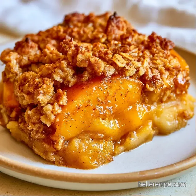 Warm scoop of orange-hued fruit topped with golden oat crumble and a melting dollop of creamy vanilla ice cream.