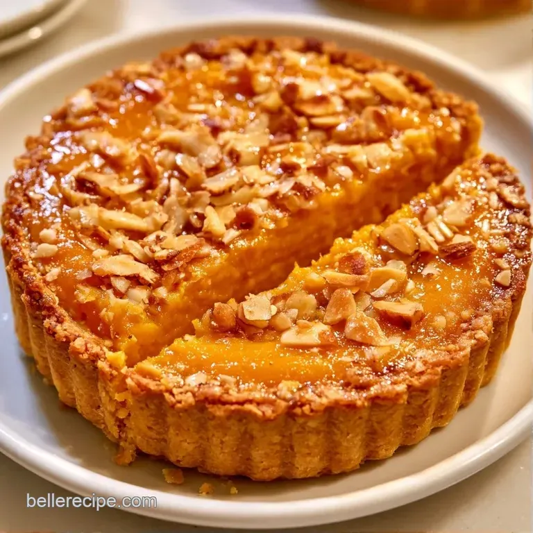 A precise slice of silky orange custard on a white plate, garnished with a dusting of cinnamon and a cream swirl.