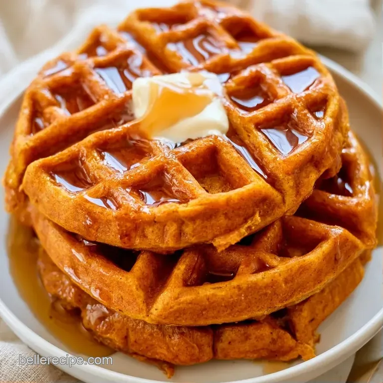 A stack of orange grid-patterned cakes on a white ceramic plate, garnished with fresh berries and cinnamon.