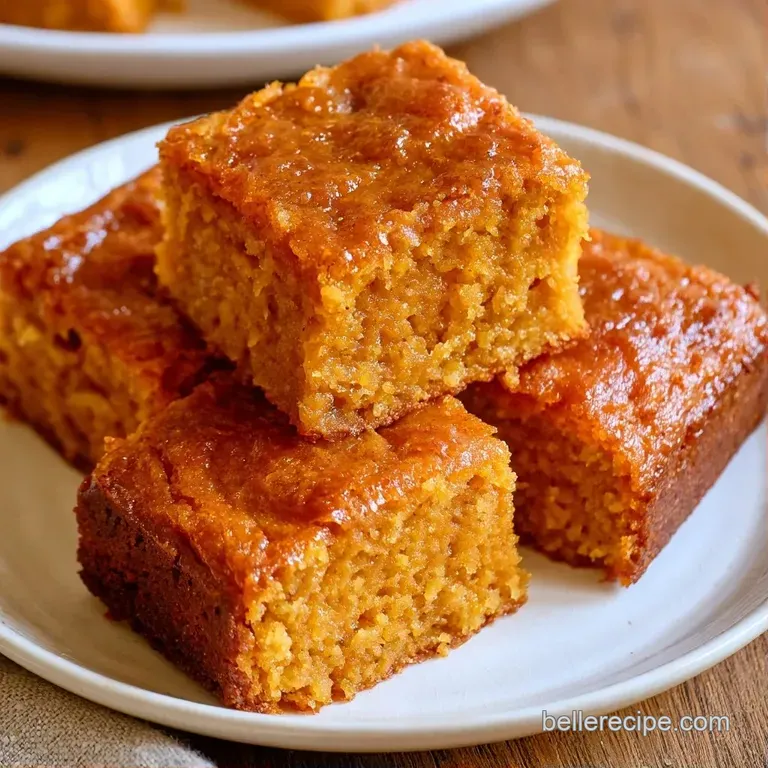 Golden-orange cake squares arranged in a circle on a white plate, drizzled with white icing and autumn leaves.